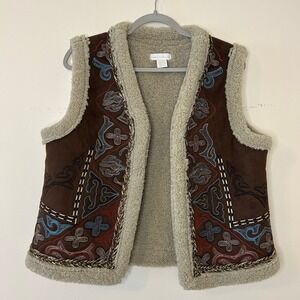 House of Harlow 1960 Brown  Boho western Embroidered Sherpa Lined Vest‎ One Size